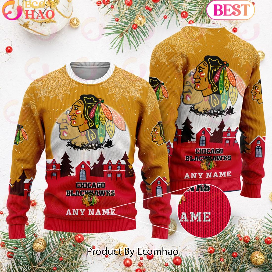 Custom Name NHL Chicago Blackhawks Special Christmas Ugly Sweater Design