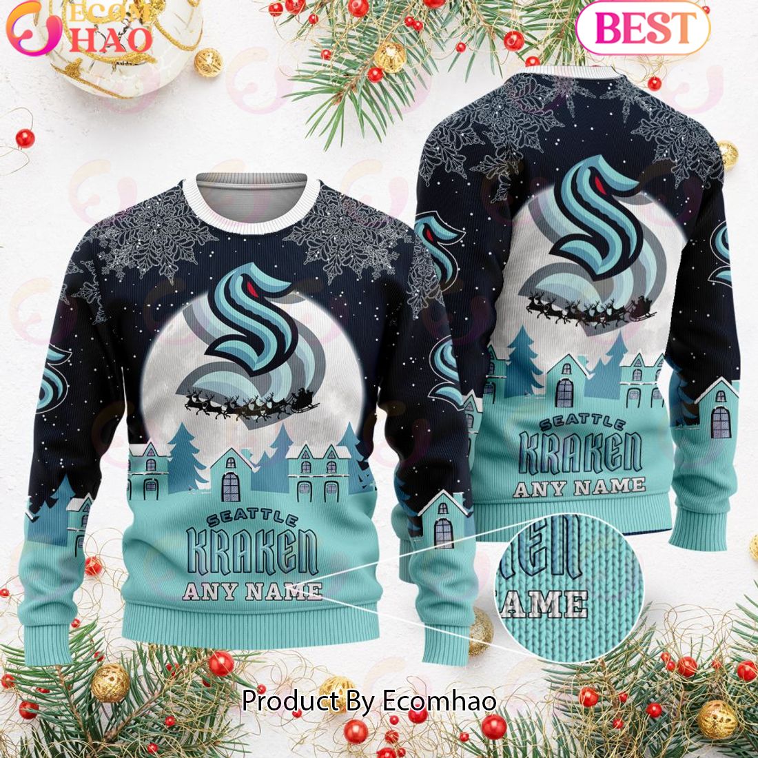 Custom Name NHL Seattle Kraken Special Christmas Ugly Sweater Design