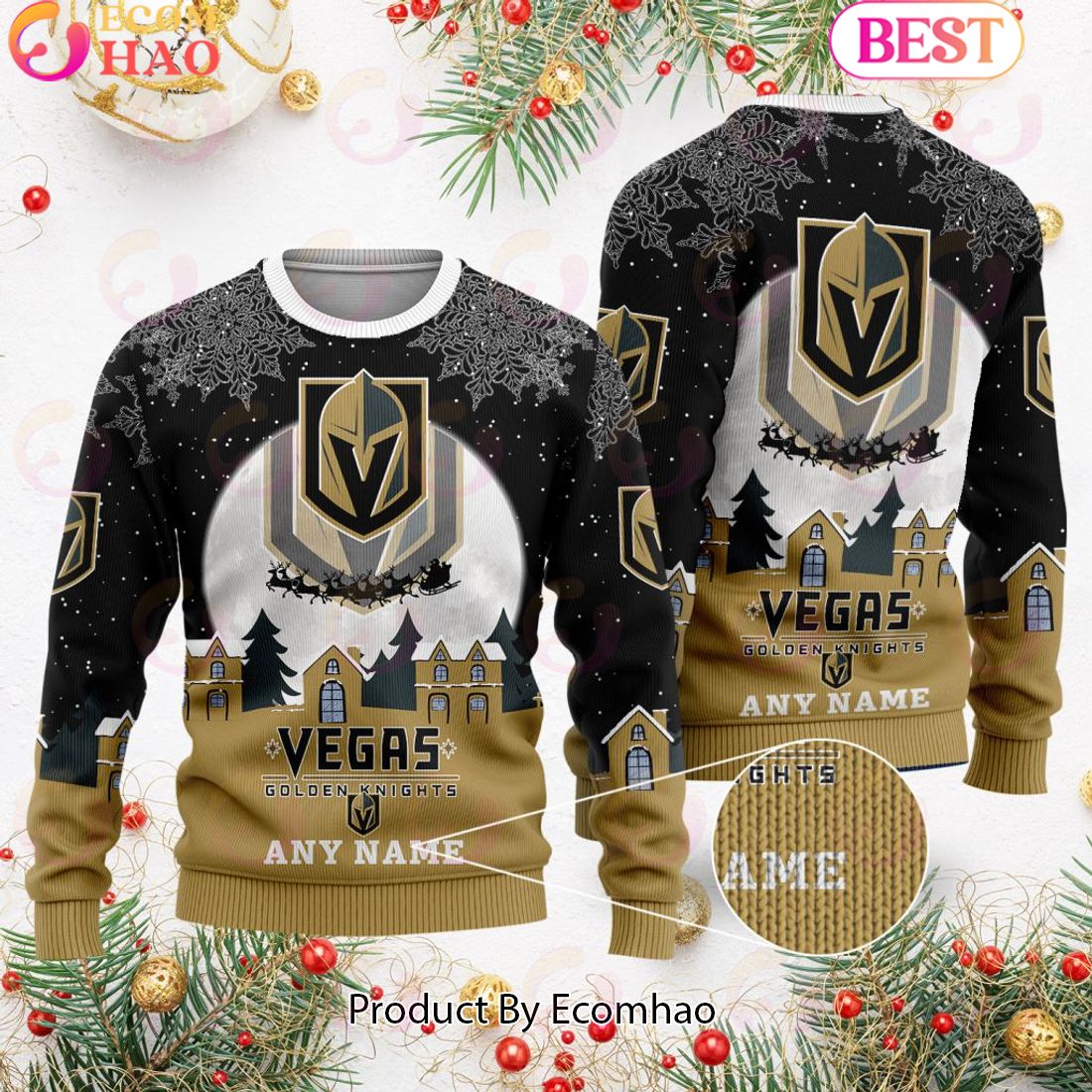 Custom Name NHL Vegas Golden Knights Special Christmas Ugly Sweater Design