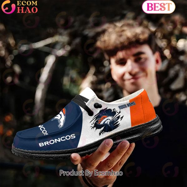 NFL Denver Broncos Broken Wall Logo Design Hey Dude Shoes Custom Your Name