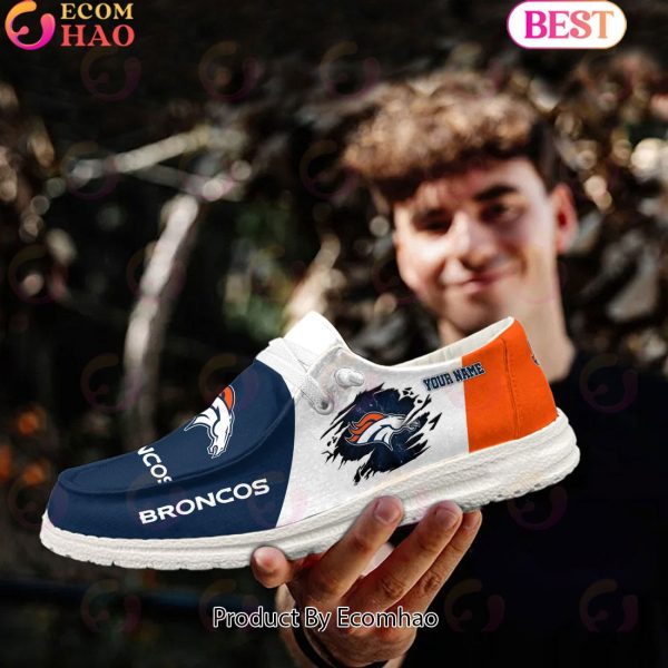 NFL Denver Broncos Broken Wall Logo Design Hey Dude Shoes Custom Your Name