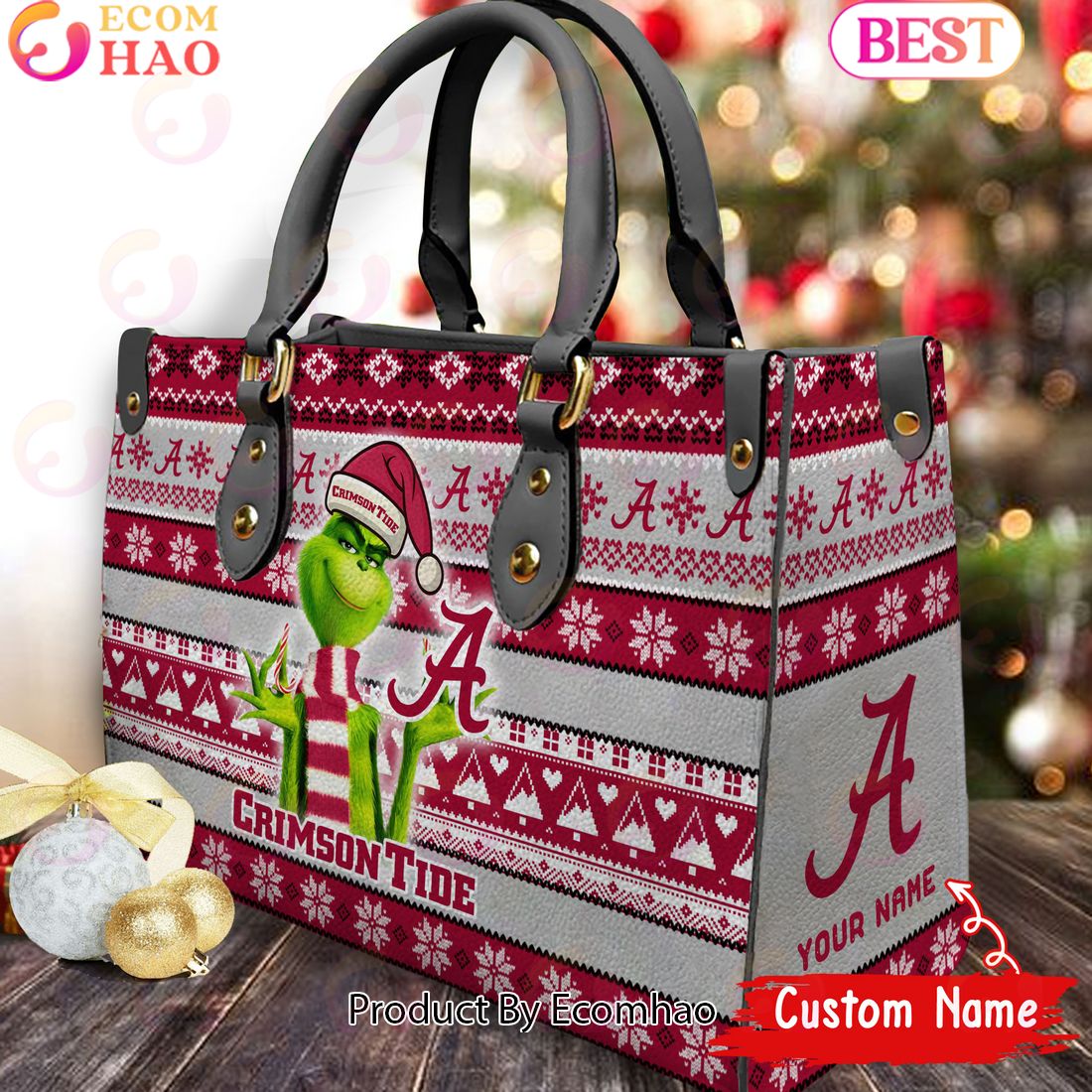 NCAA Alabama Crimson Tide Grinch Christmas Women Leather Hand Bag