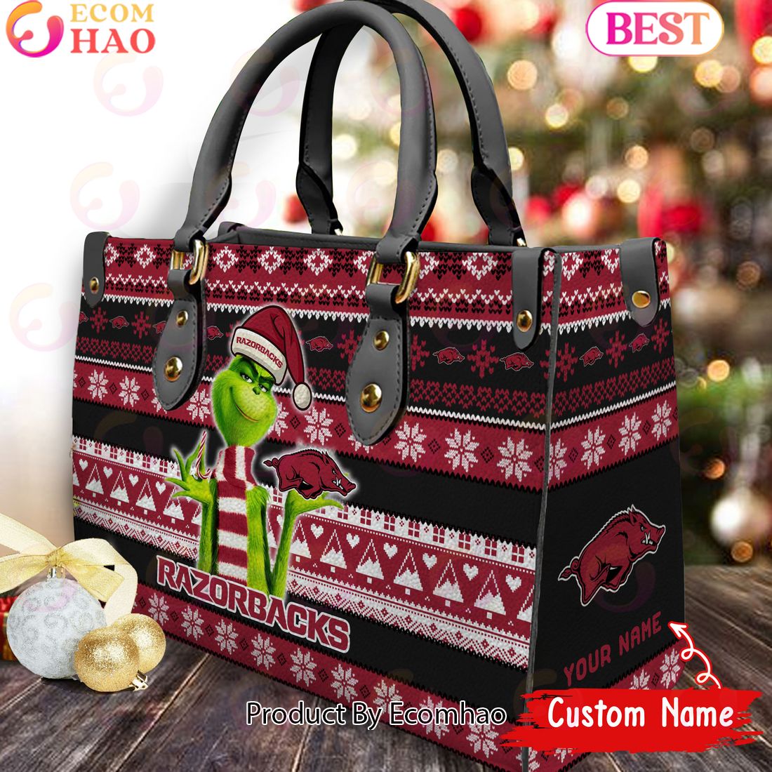 NCAA Arkansas Razorbacks Grinch Christmas Women Leather Hand Bag