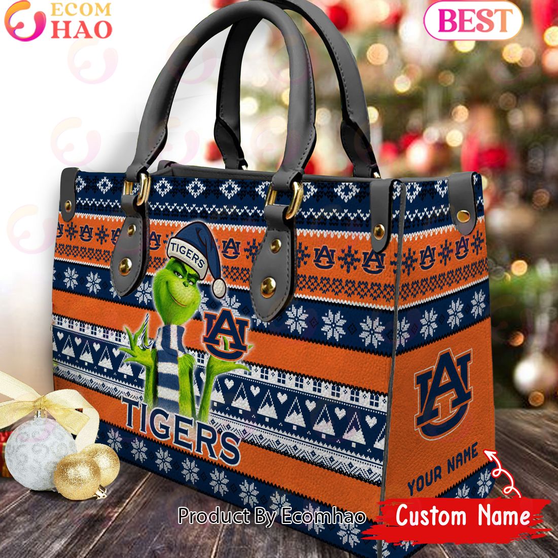 NCAA Auburn Tigers Grinch Christmas Women Leather Hand Bag