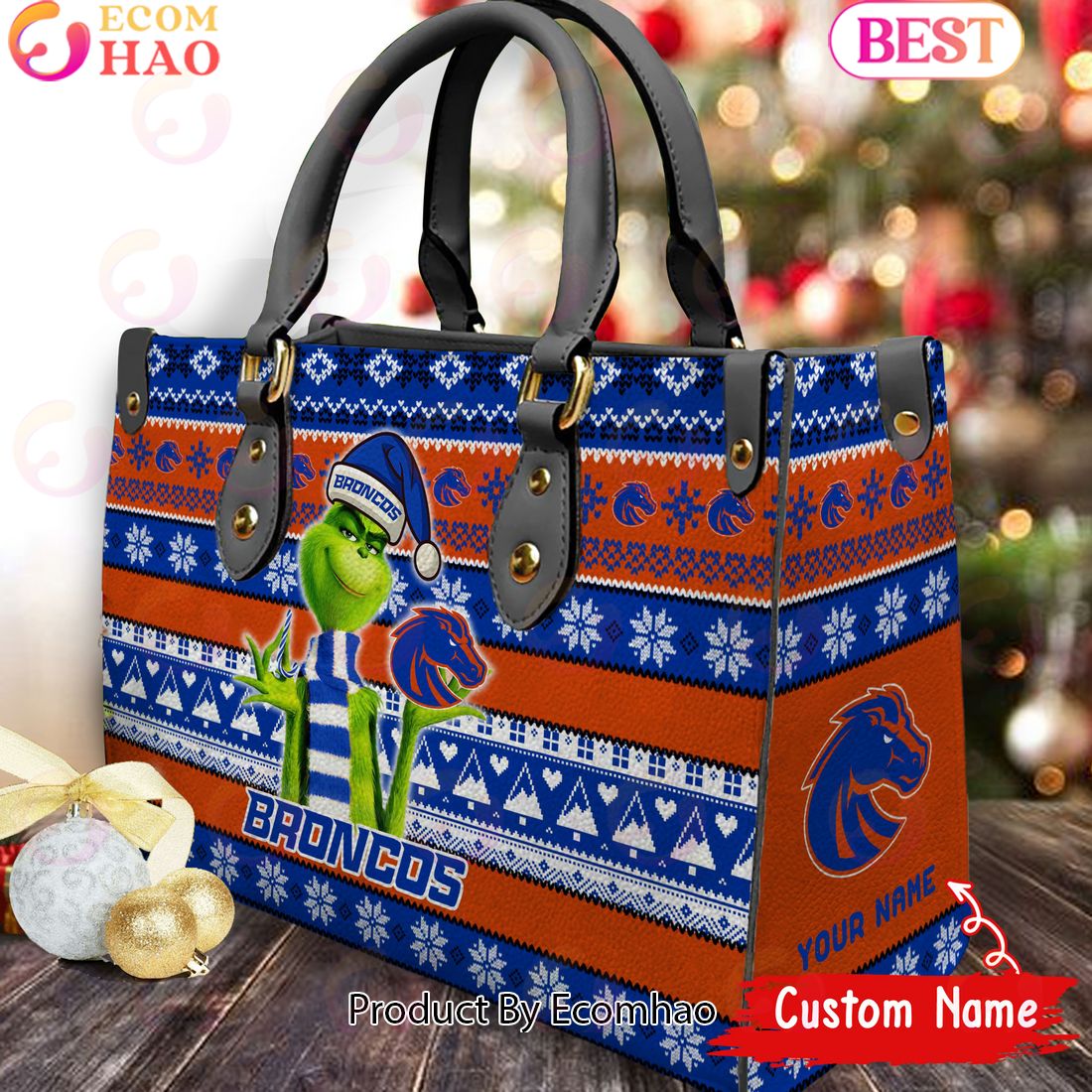 NCAA Boise State Broncos Grinch Christmas Women Leather Hand Bag