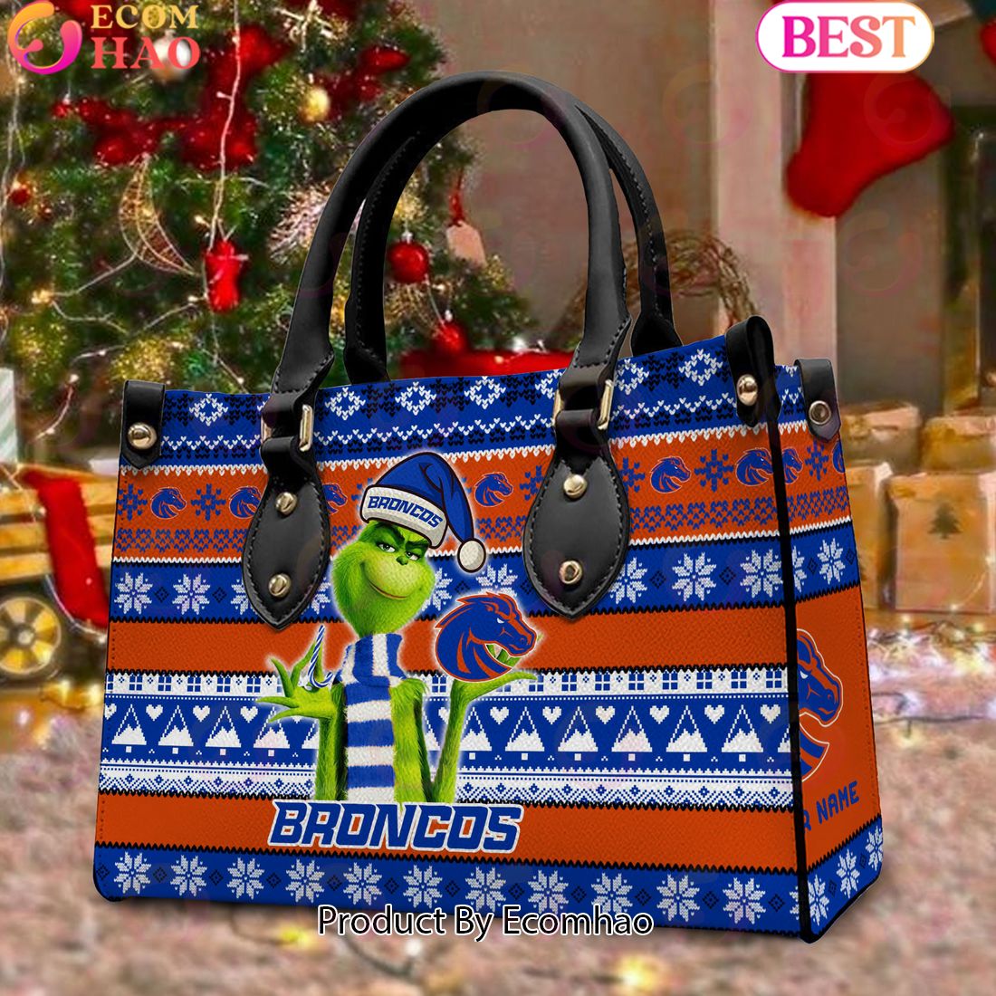 NCAA Boise State Broncos Grinch Christmas Women Leather Hand Bag