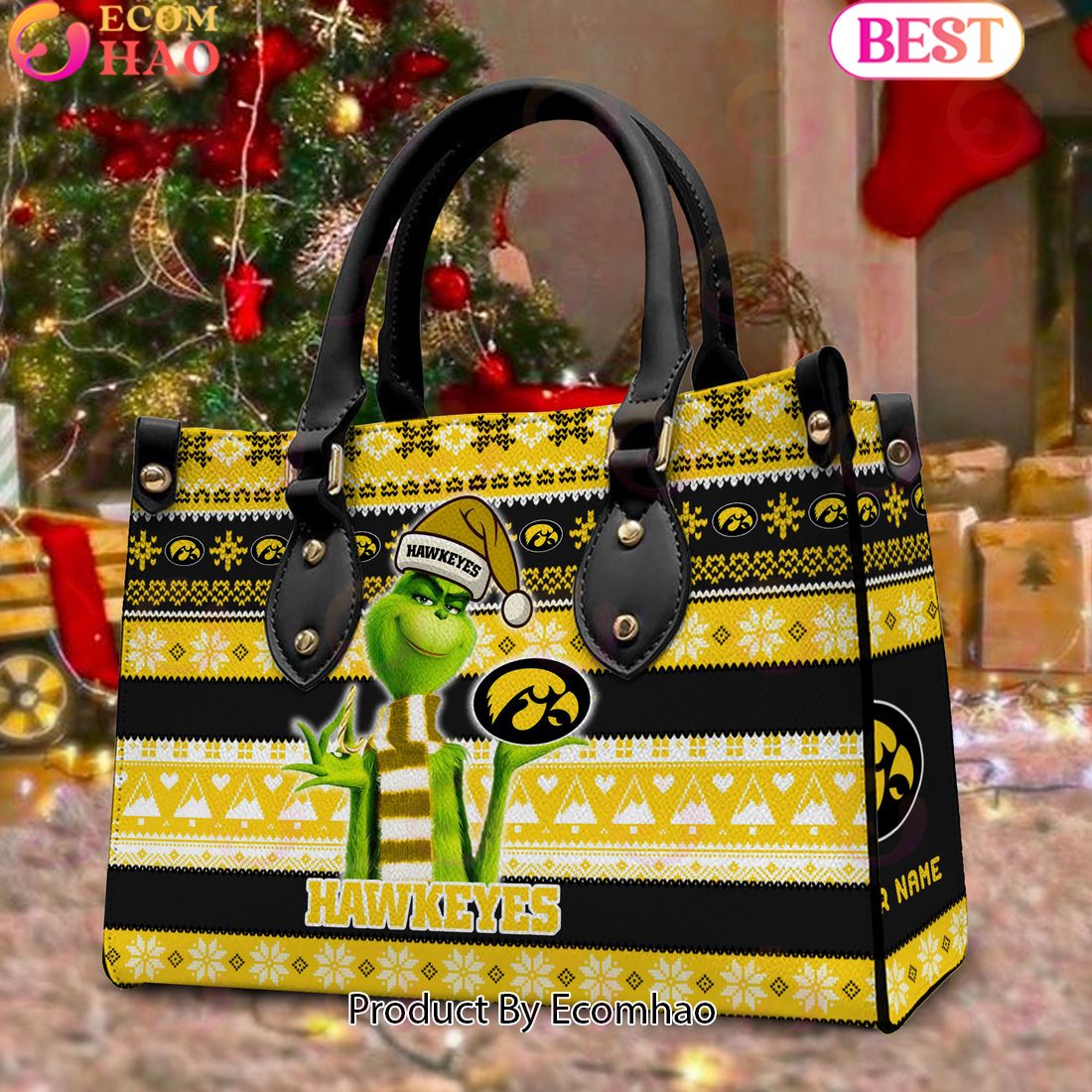 NCAA Iowa Hawkeyes Grinch Christmas Women Leather Hand Bag