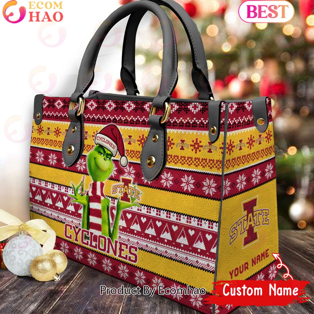 NCAA Iowa State Cyclones Grinch Christmas Women Leather Hand Bag