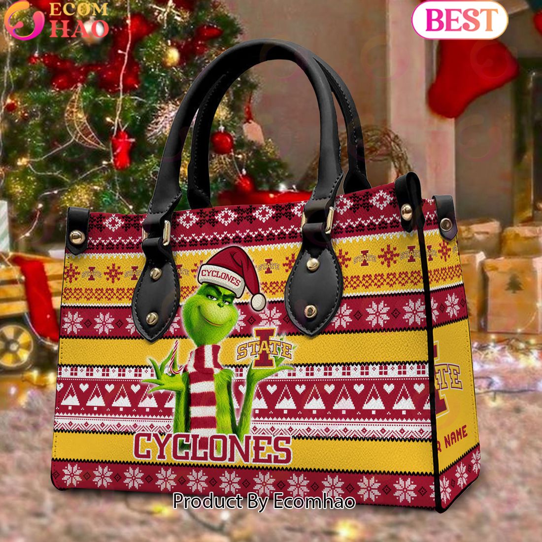 NCAA Iowa State Cyclones Grinch Christmas Women Leather Hand Bag