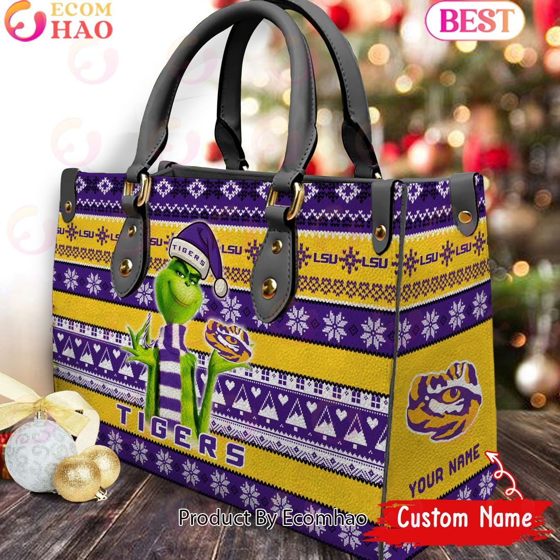 NCAA LSU Tigers Grinch Christmas Women Leather Hand Bag