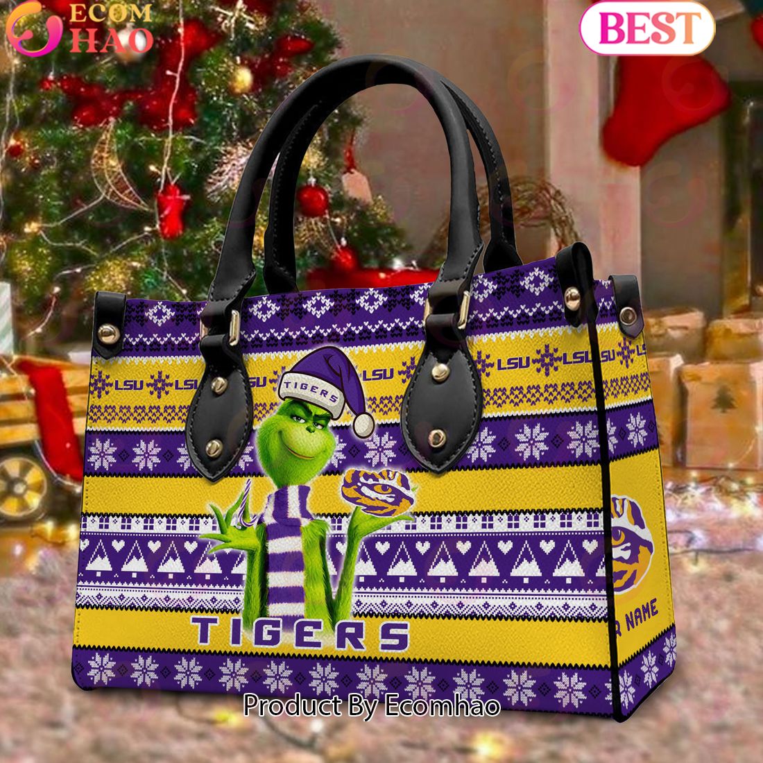 NCAA LSU Tigers Grinch Christmas Women Leather Hand Bag