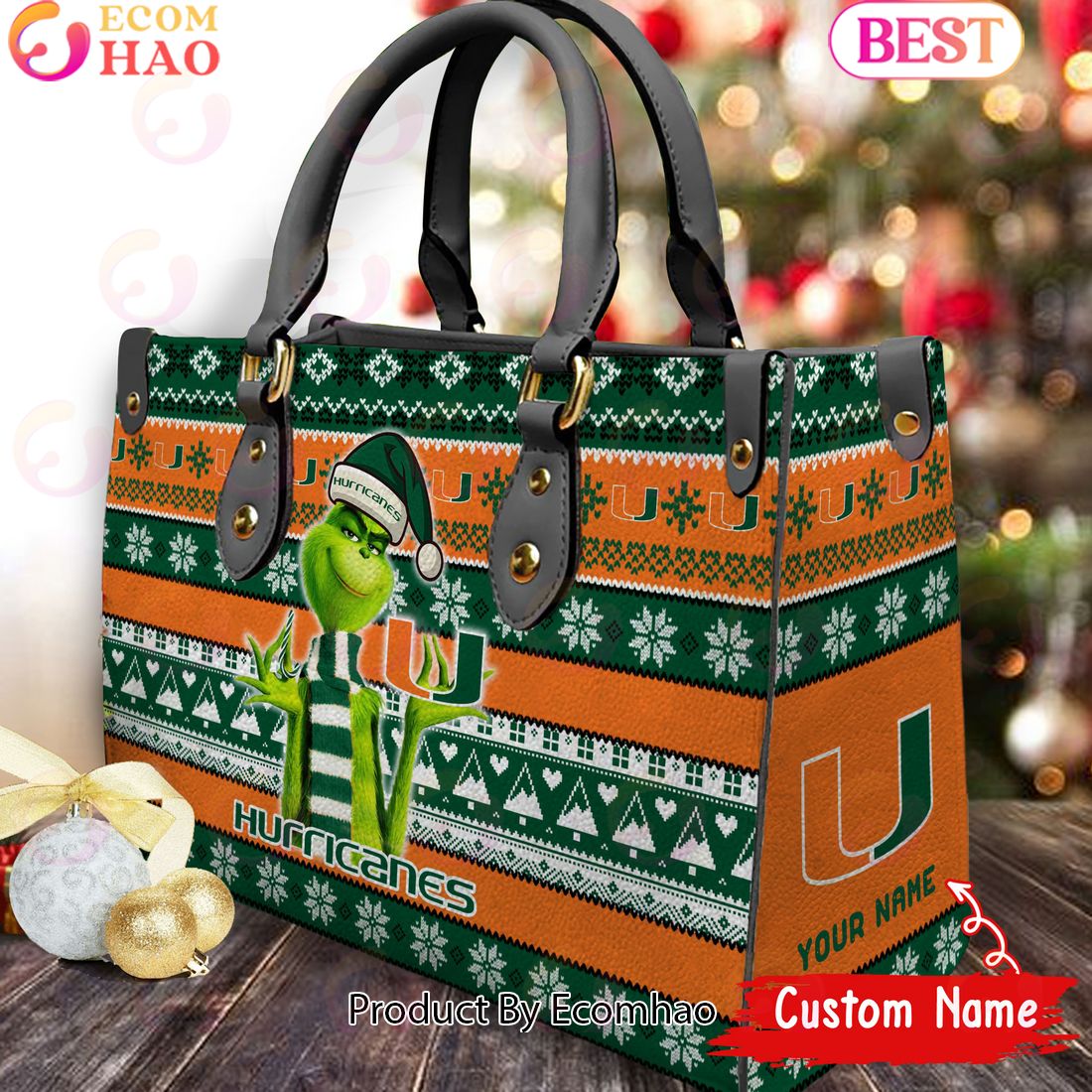 NCAA Miami Hurricanes Grinch Christmas Women Leather Hand Bag