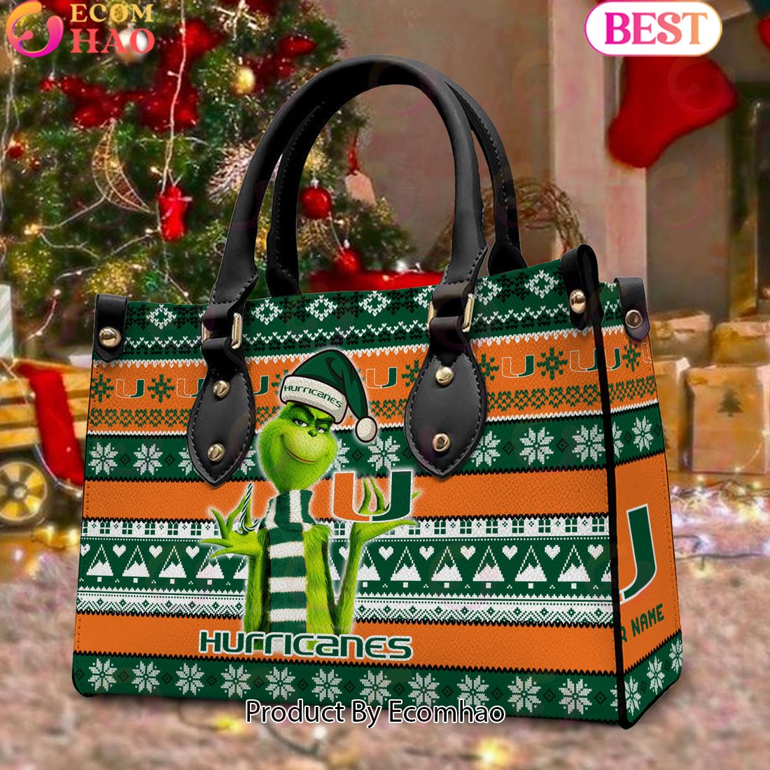 NCAA Miami Hurricanes Grinch Christmas Women Leather Hand Bag