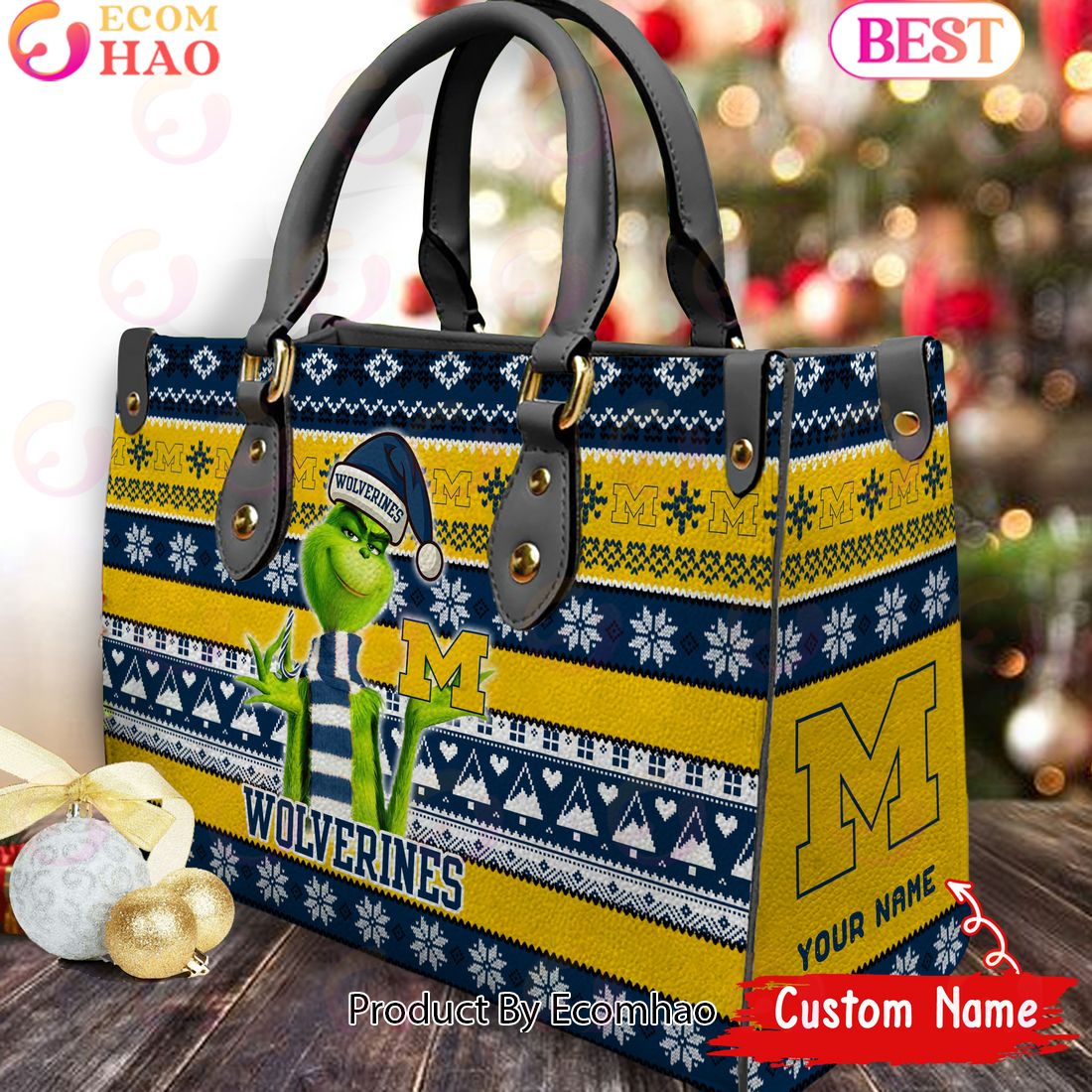 NCAA Michigan Wolverines Grinch Christmas Women Leather Hand Bag