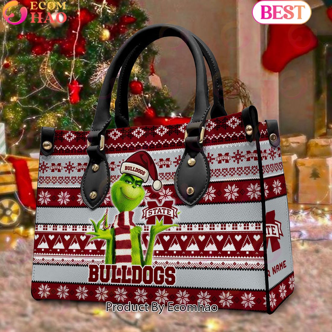 NCAA Mississippi State Bulldogs Grinch Christmas Women Leather Hand Bag