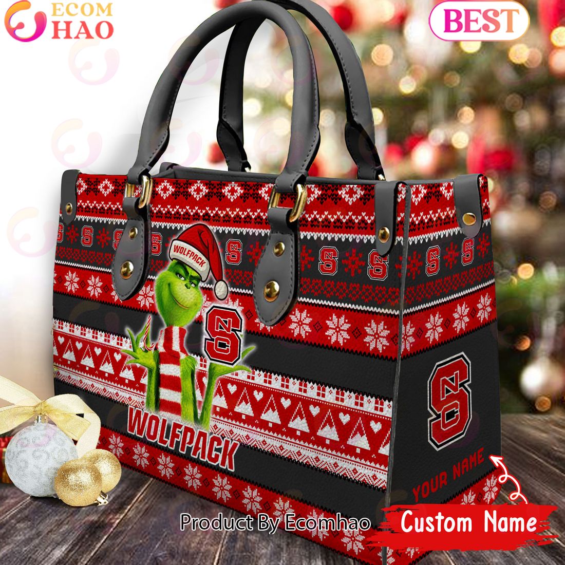 NCAA NC State Wolfpack Grinch Christmas Women Leather Hand Bag