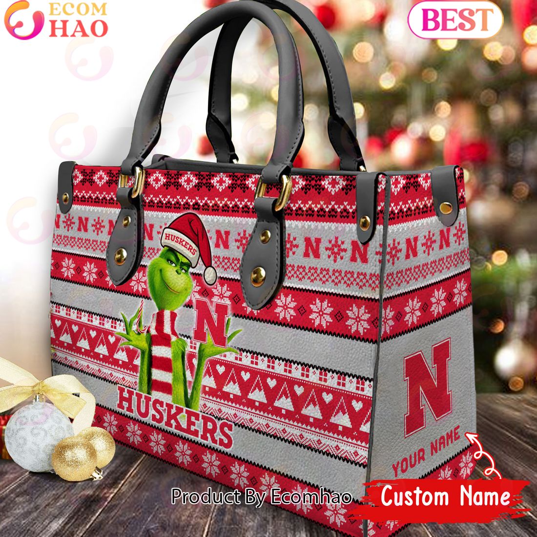 NCAA Nebraska Cornhuskers Grinch Christmas Women Leather Hand Bag