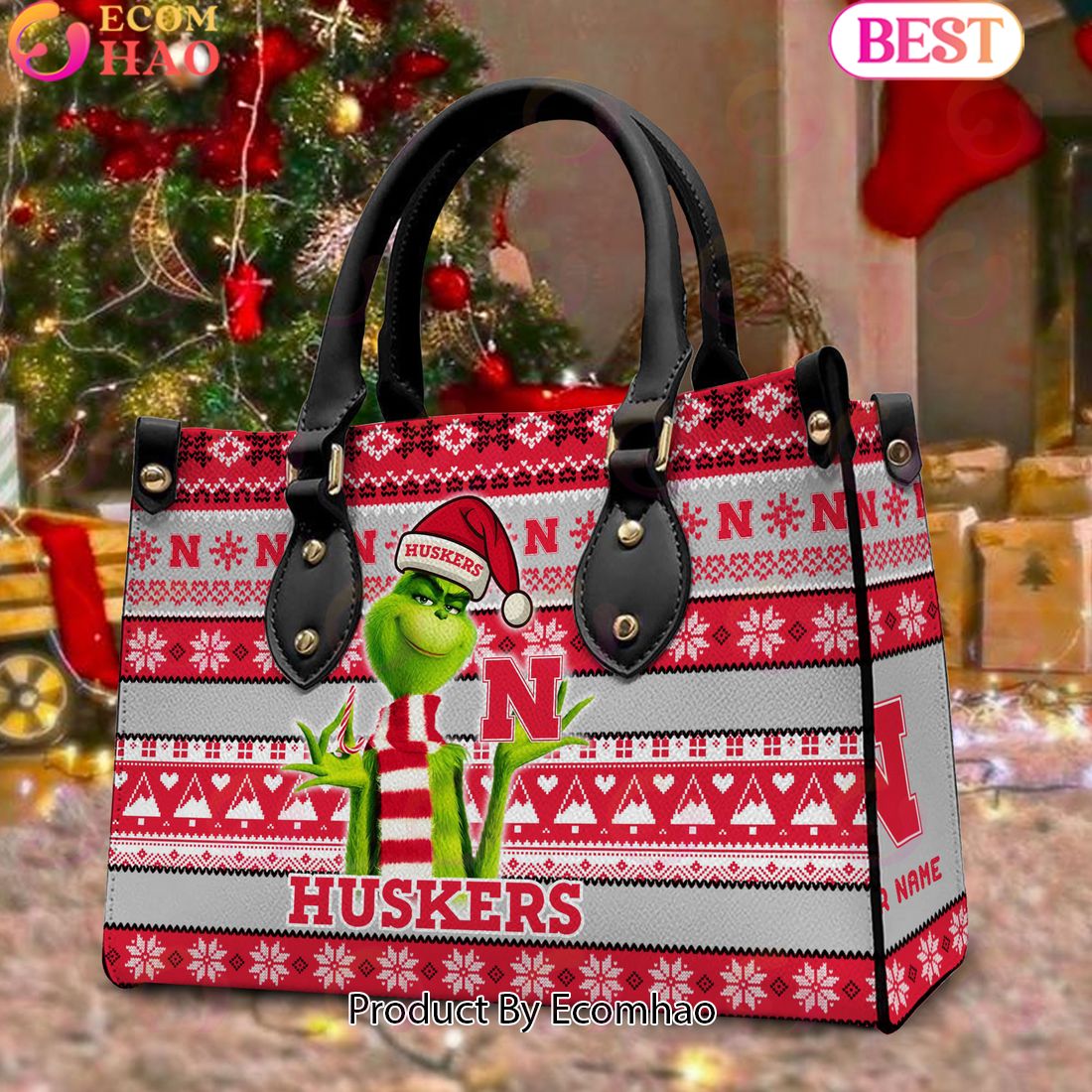 NCAA Nebraska Cornhuskers Grinch Christmas Women Leather Hand Bag