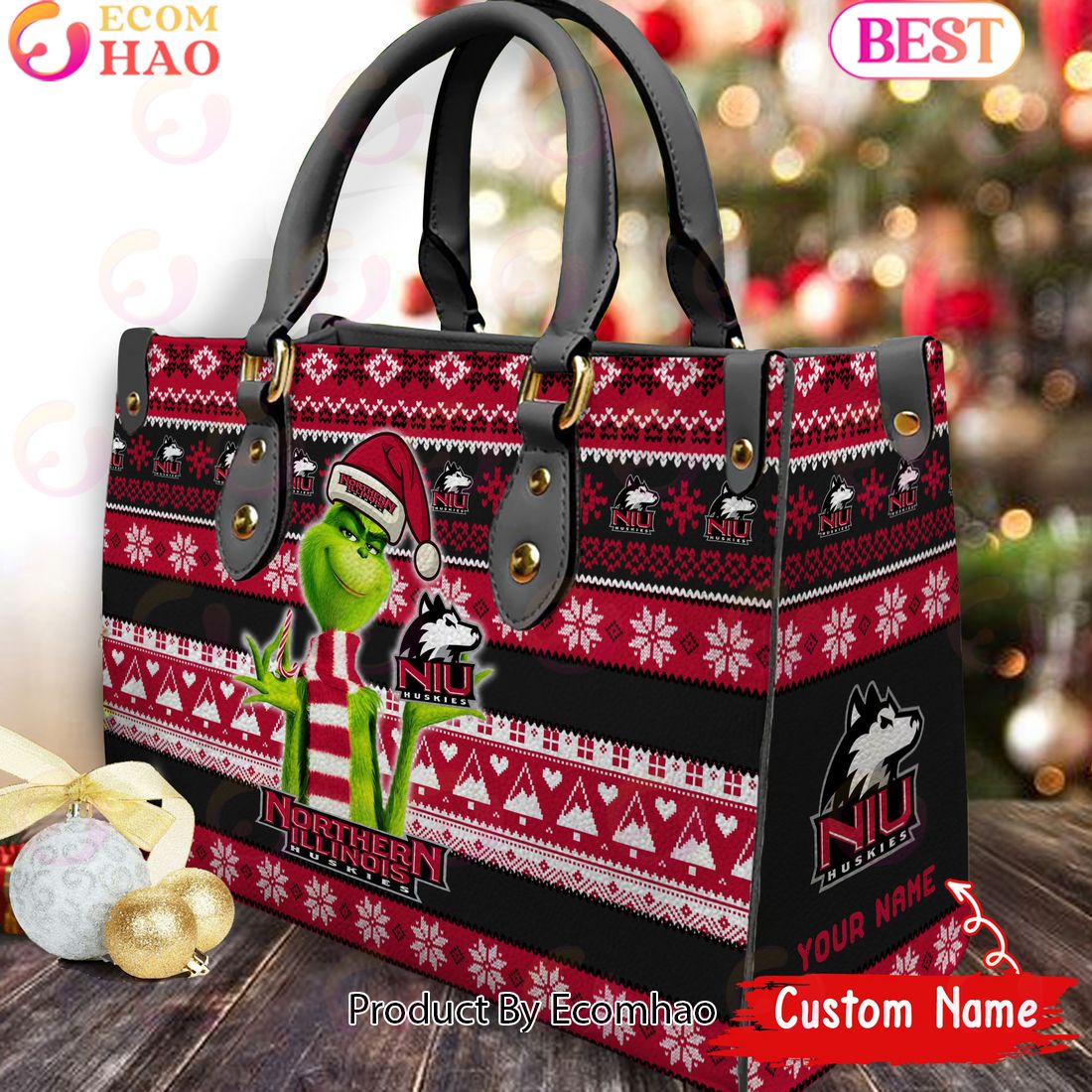 NCAA Northern Illinois Huskies Grinch Christmas Women Leather Hand Bag