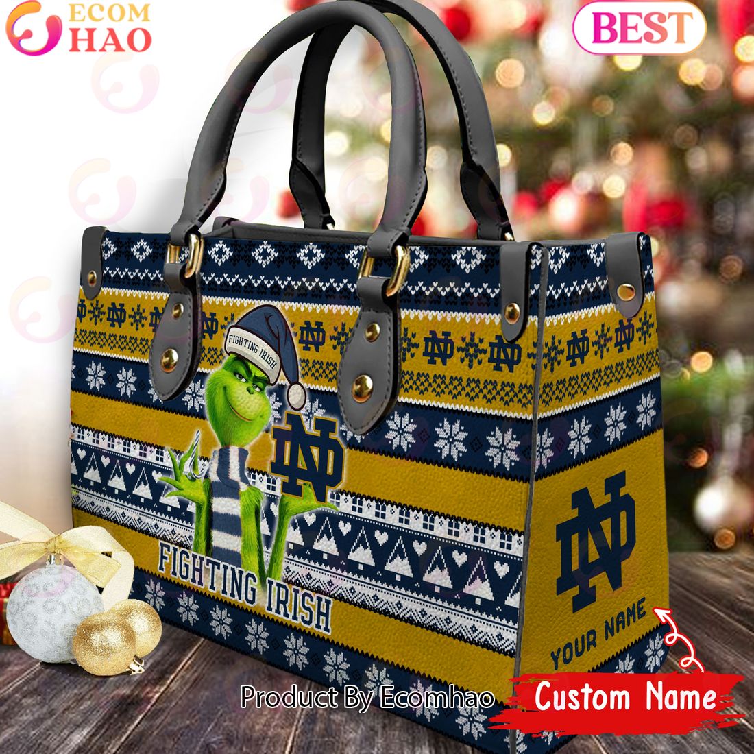 NCAA Notre Dame Fighting Irish Grinch Christmas Women Leather Hand Bag