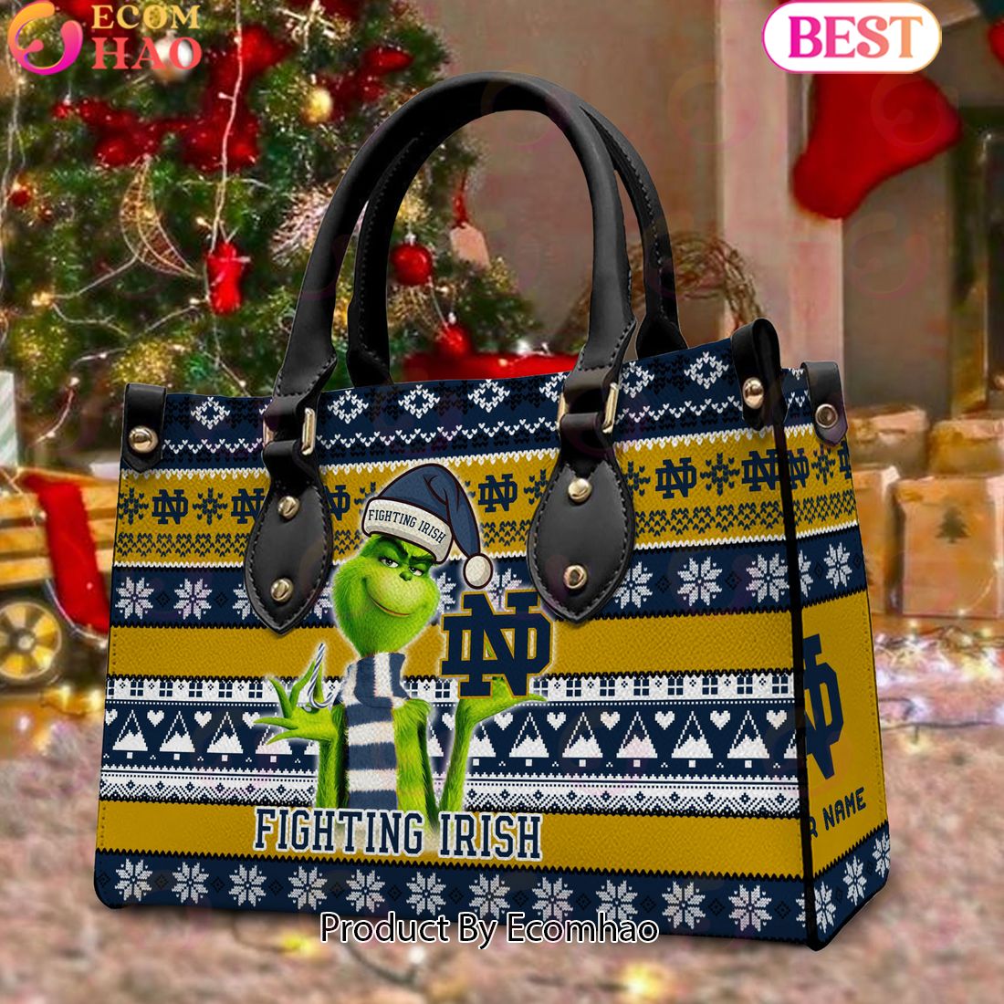 NCAA Notre Dame Fighting Irish Grinch Christmas Women Leather Hand Bag