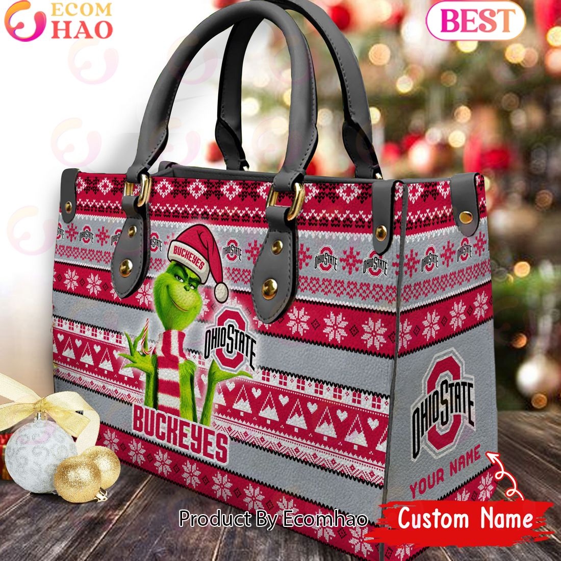 NCAA Ohio State Buckeyes Grinch Christmas Women Leather Hand Bag