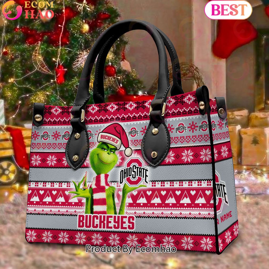 NCAA Ohio State Buckeyes Grinch Christmas Women Leather Hand Bag