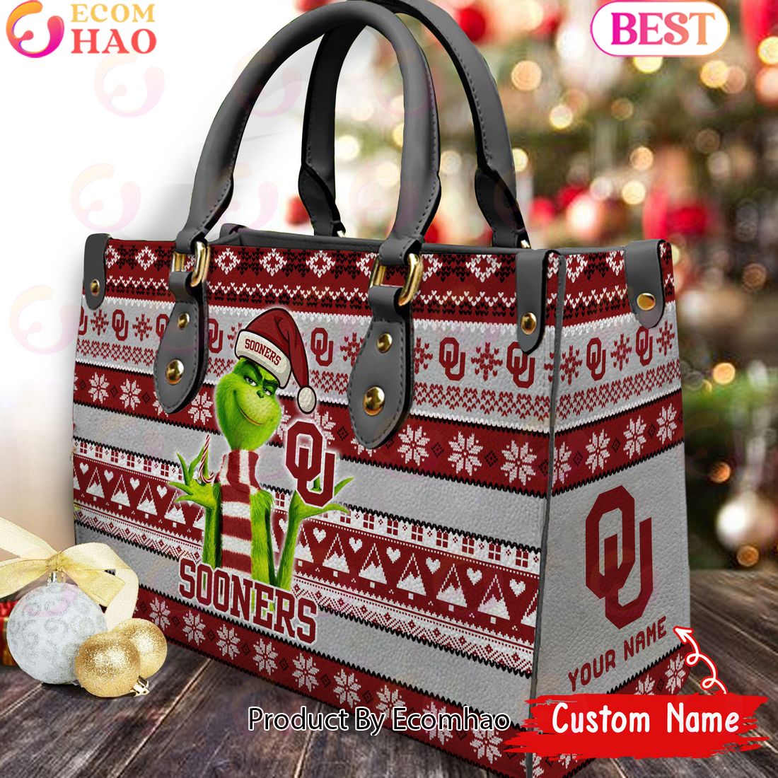 NCAA Oklahoma Sooners Grinch Christmas Women Leather Hand Bag