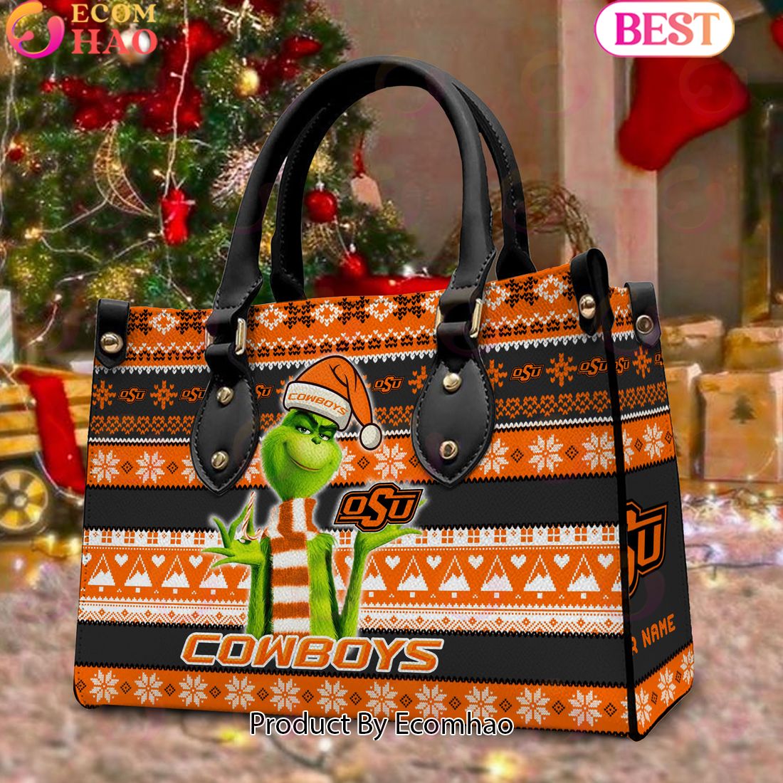 NCAA Oklahoma State Cowboys Grinch Christmas Women Leather Hand Bag