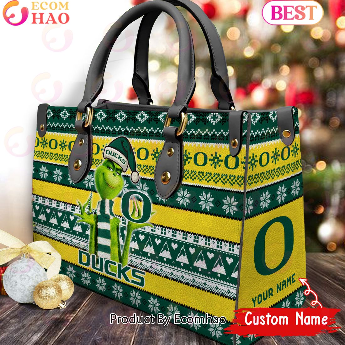 NCAA Oregon Ducks Grinch Christmas Women Leather Hand Bag