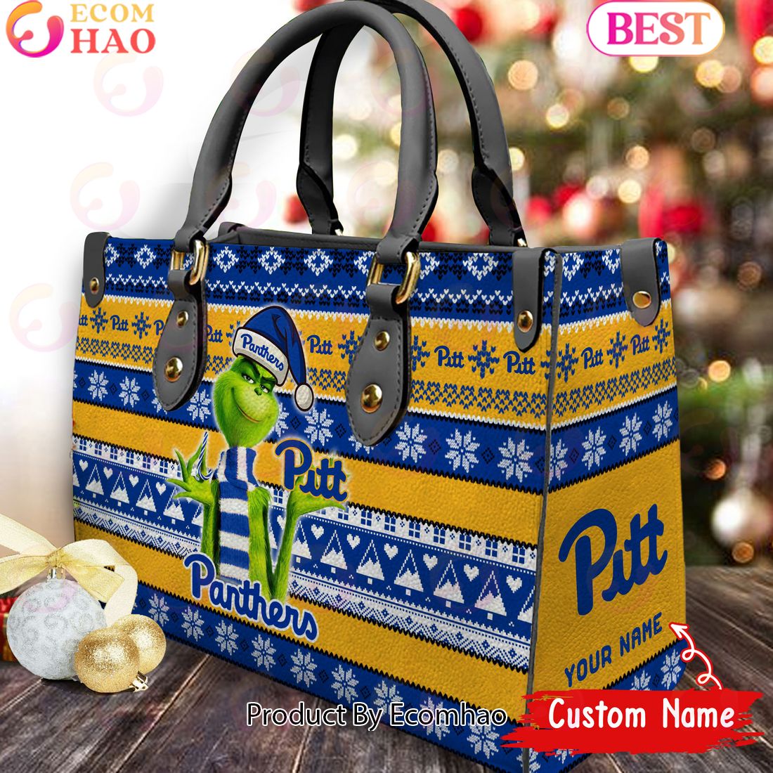 NCAA Pittsburgh Panthers Grinch Christmas Women Leather Hand Bag