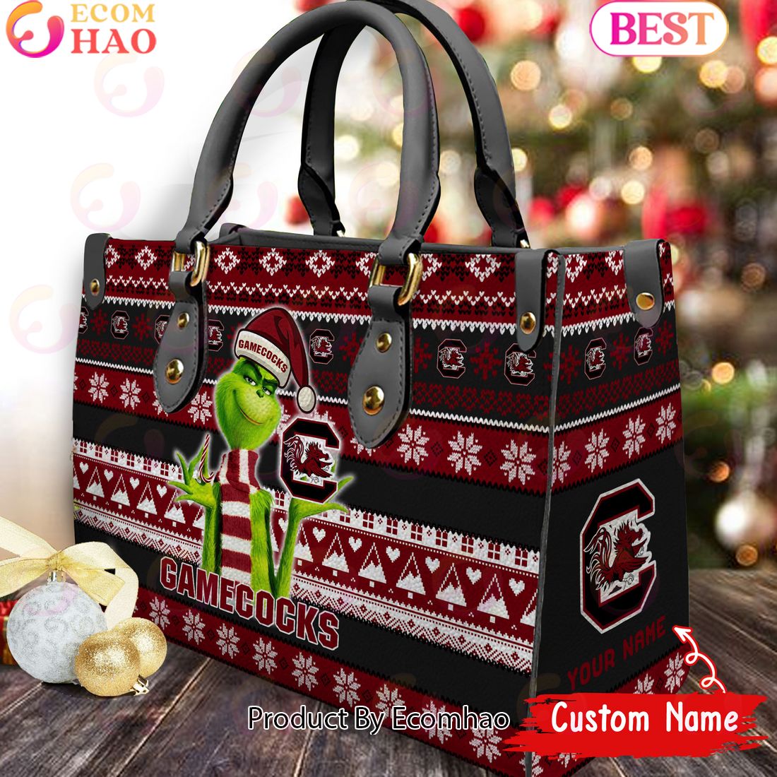 NCAA South Carolina Gamecocks Grinch Christmas Women Leather Hand Bag