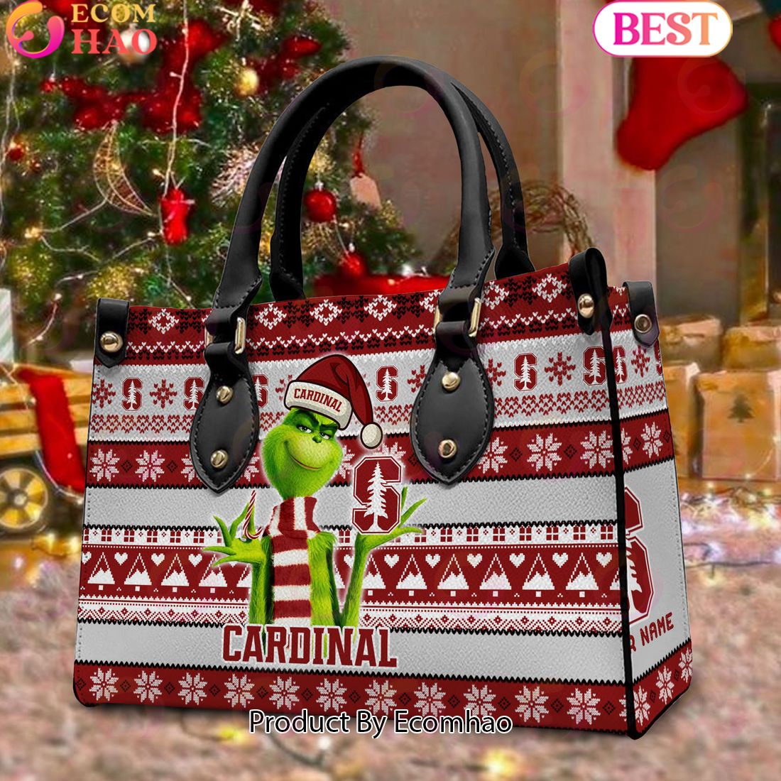 NCAA Stanford Cardinal Grinch Christmas Women Leather Hand Bag