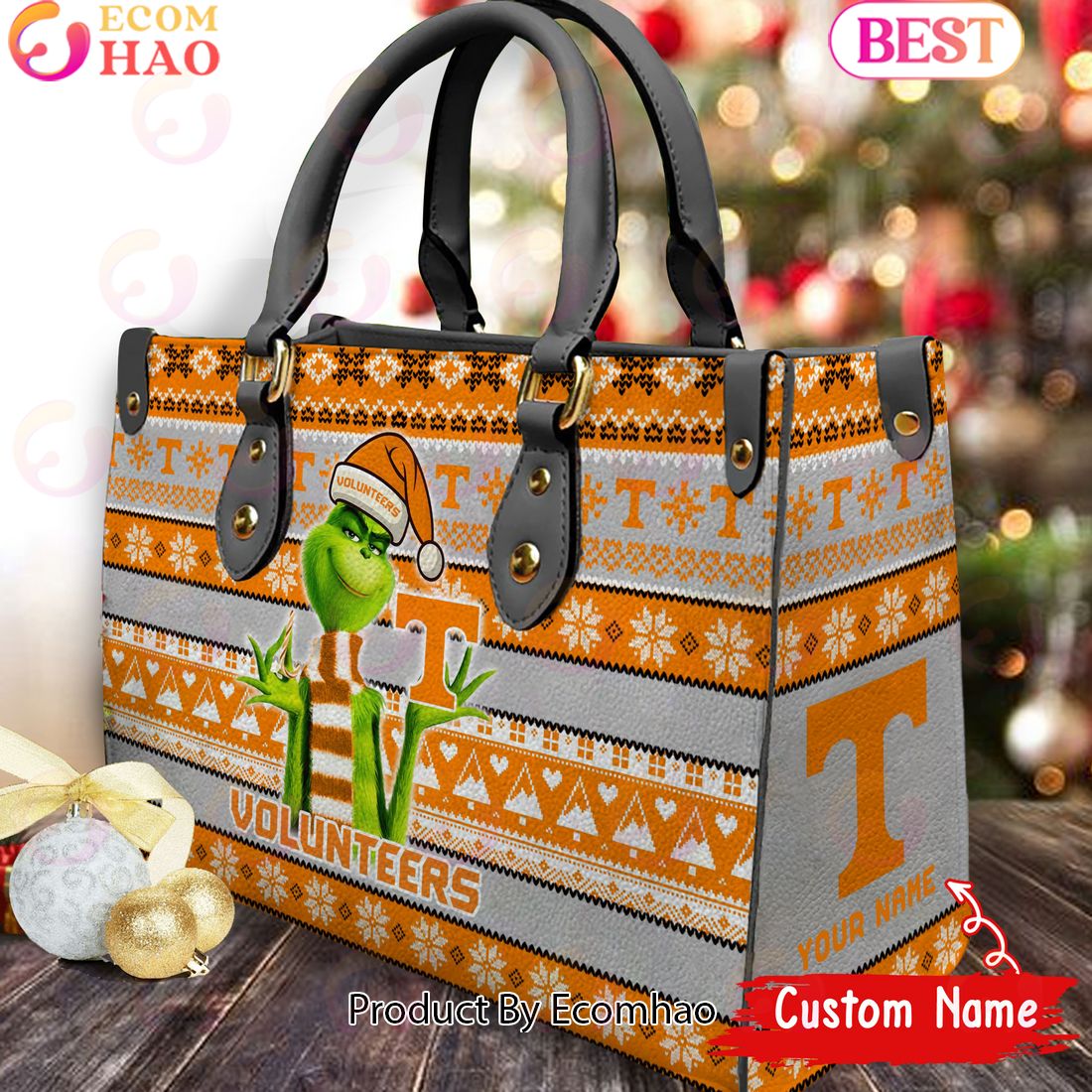 NCAA Tennessee Volunteers Grinch Christmas Women Leather Hand Bag