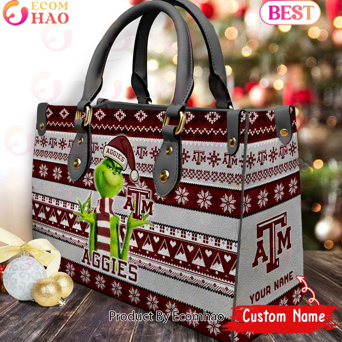 NCAA Texas A_M Aggies Grinch Christmas Women Leather Hand Bag