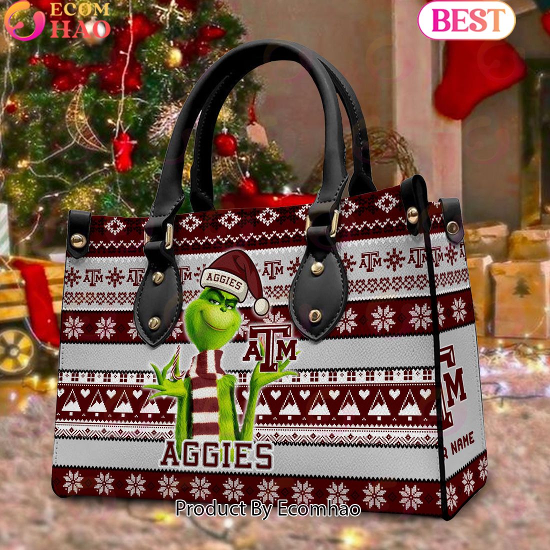 NCAA Texas A_M Aggies Grinch Christmas Women Leather Hand Bag