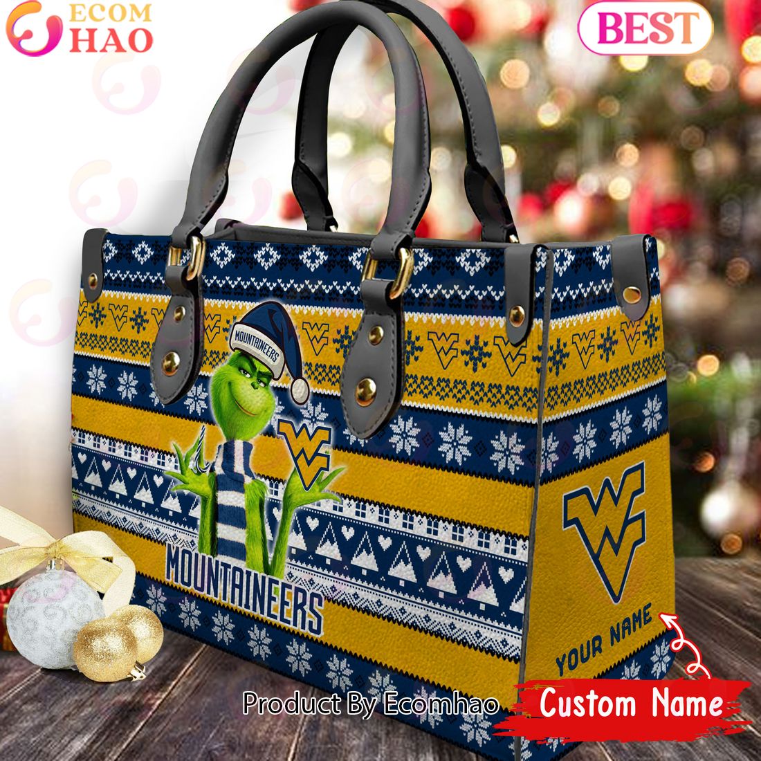 NCAA West Virginia Mountaineers Grinch Christmas Women Leather Hand Bag