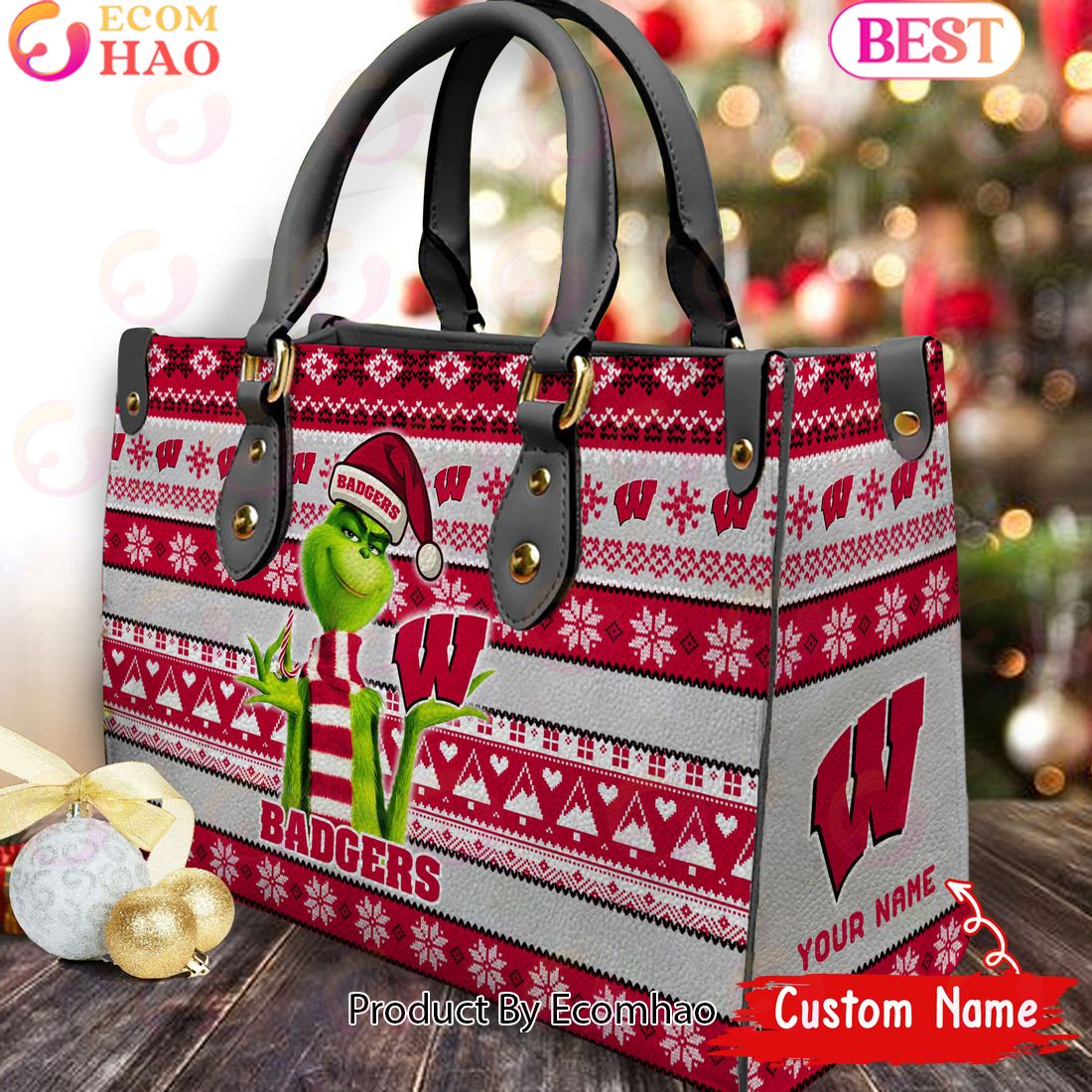 NCAA Wisconsin Badgers Grinch Christmas Women Leather Hand Bag