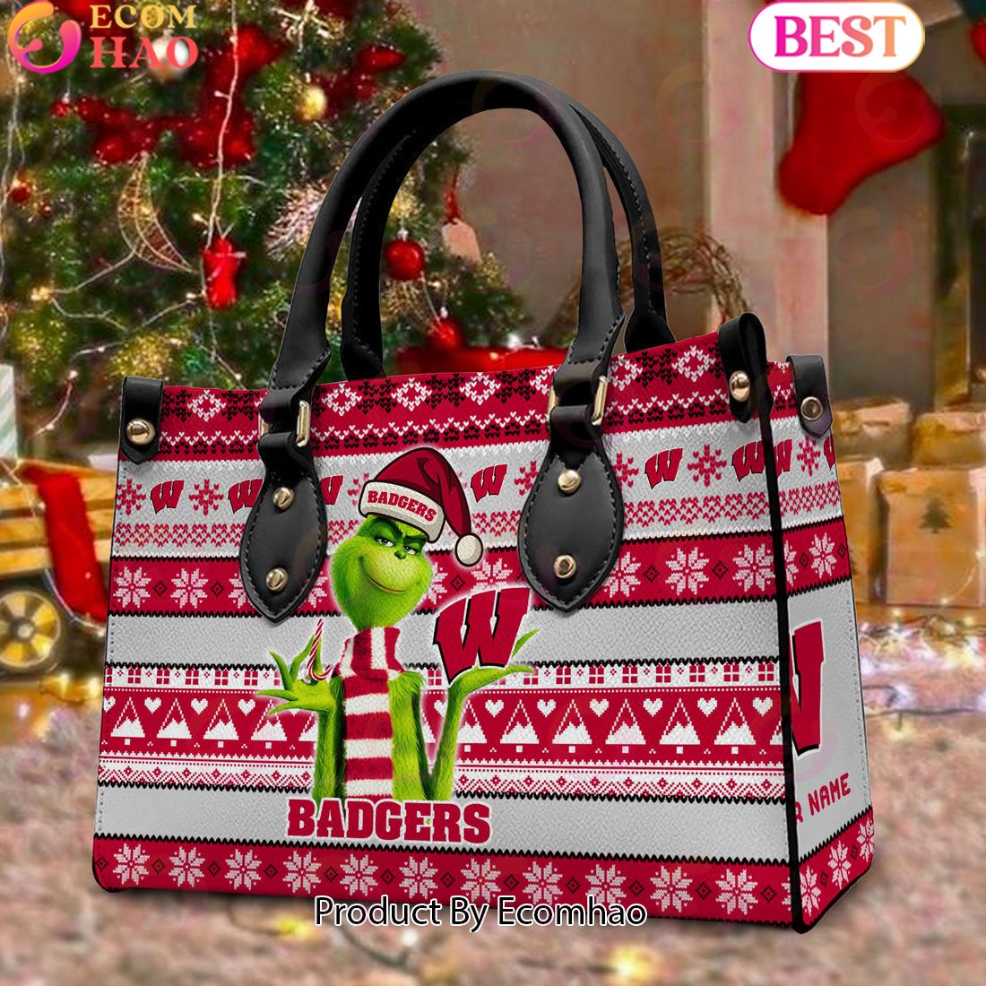 NCAA Wisconsin Badgers Grinch Christmas Women Leather Hand Bag