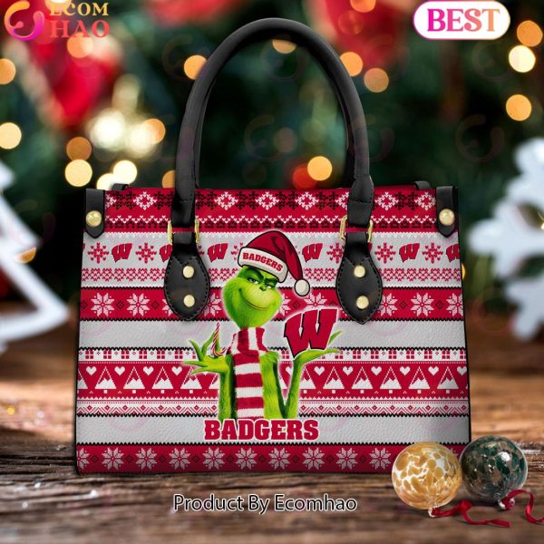 NCAA Wisconsin Badgers Grinch Christmas Women Leather Hand Bag
