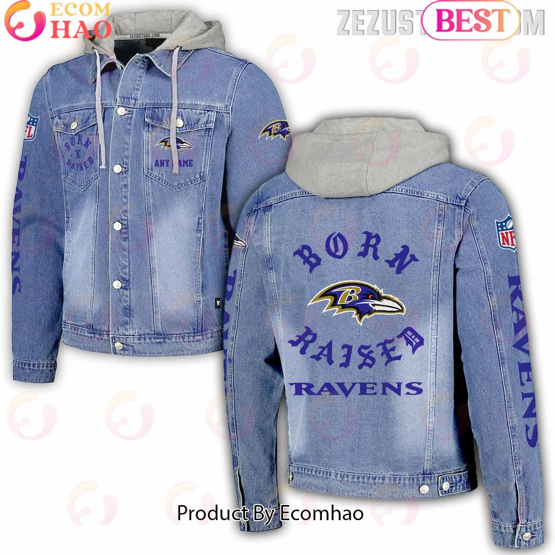 NFL Baltimore Ravens Born x Raised Hooded Full-Button Denim Jacket