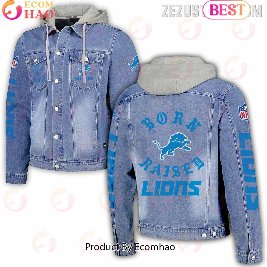 NFL Detroit Lions Born x Raised Hooded Full-Button Denim Jacket