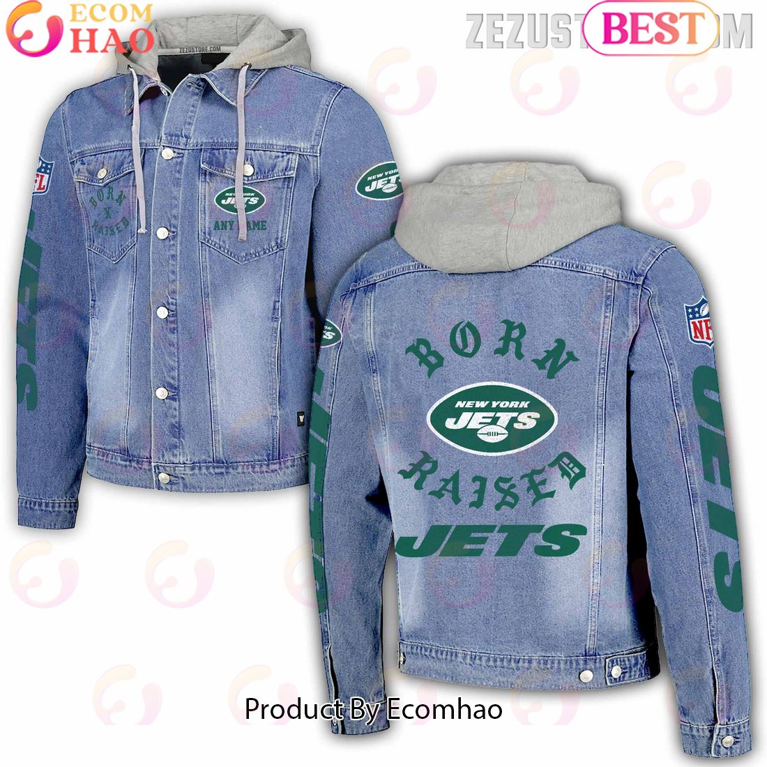 NFL New York Jets Born x Raised Hooded Full-Button Denim Jacket