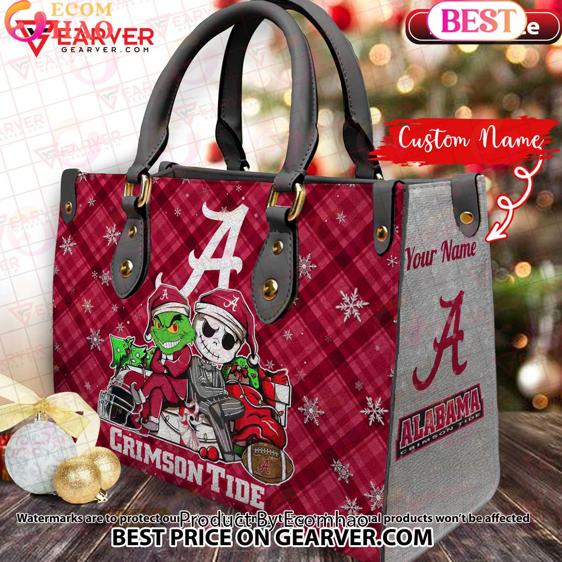 NCAA Alabama Crimson Tide Grinch And Jack Skellington Christmas Women Leather Hand Bag