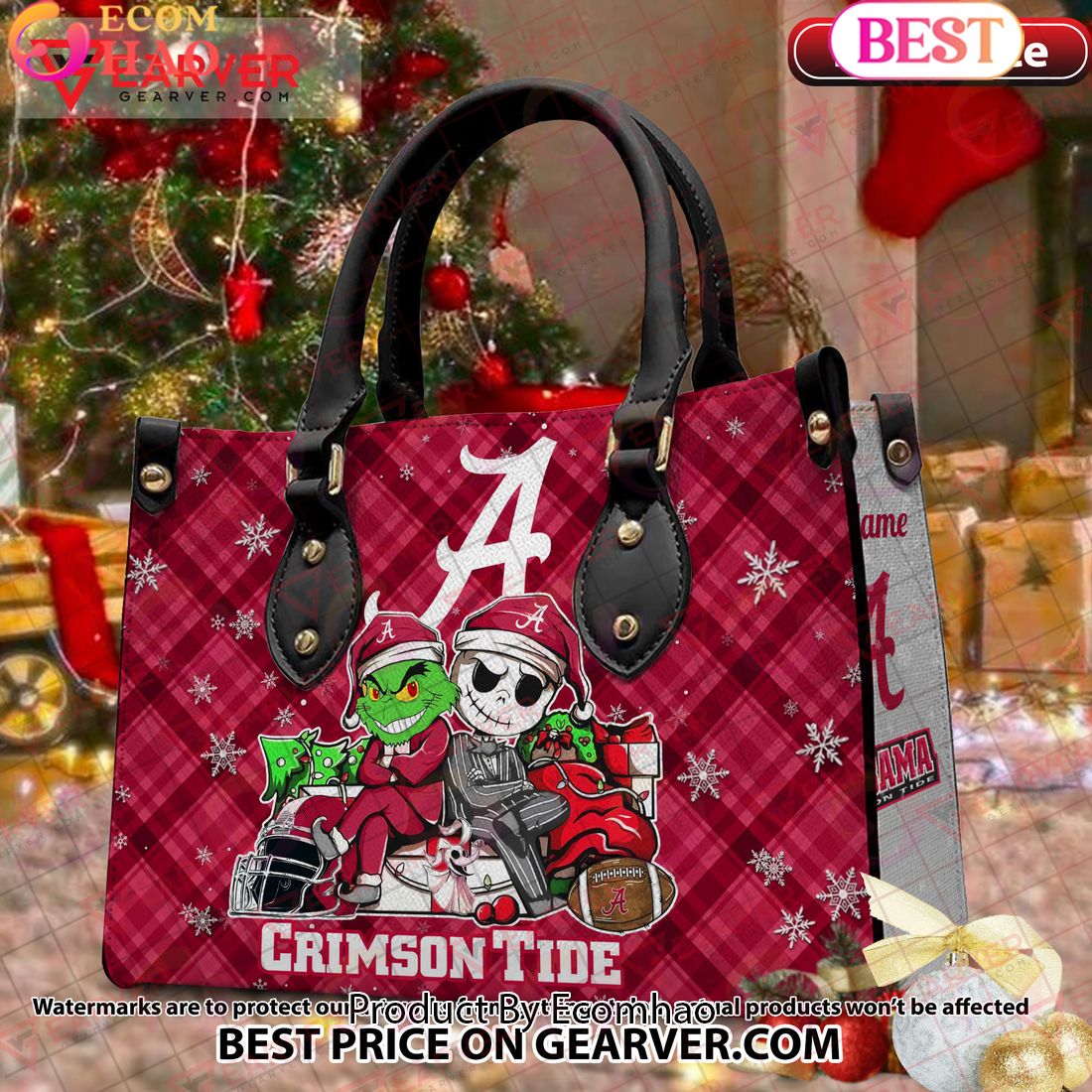 NCAA Alabama Crimson Tide Grinch And Jack Skellington Christmas Women Leather Hand Bag