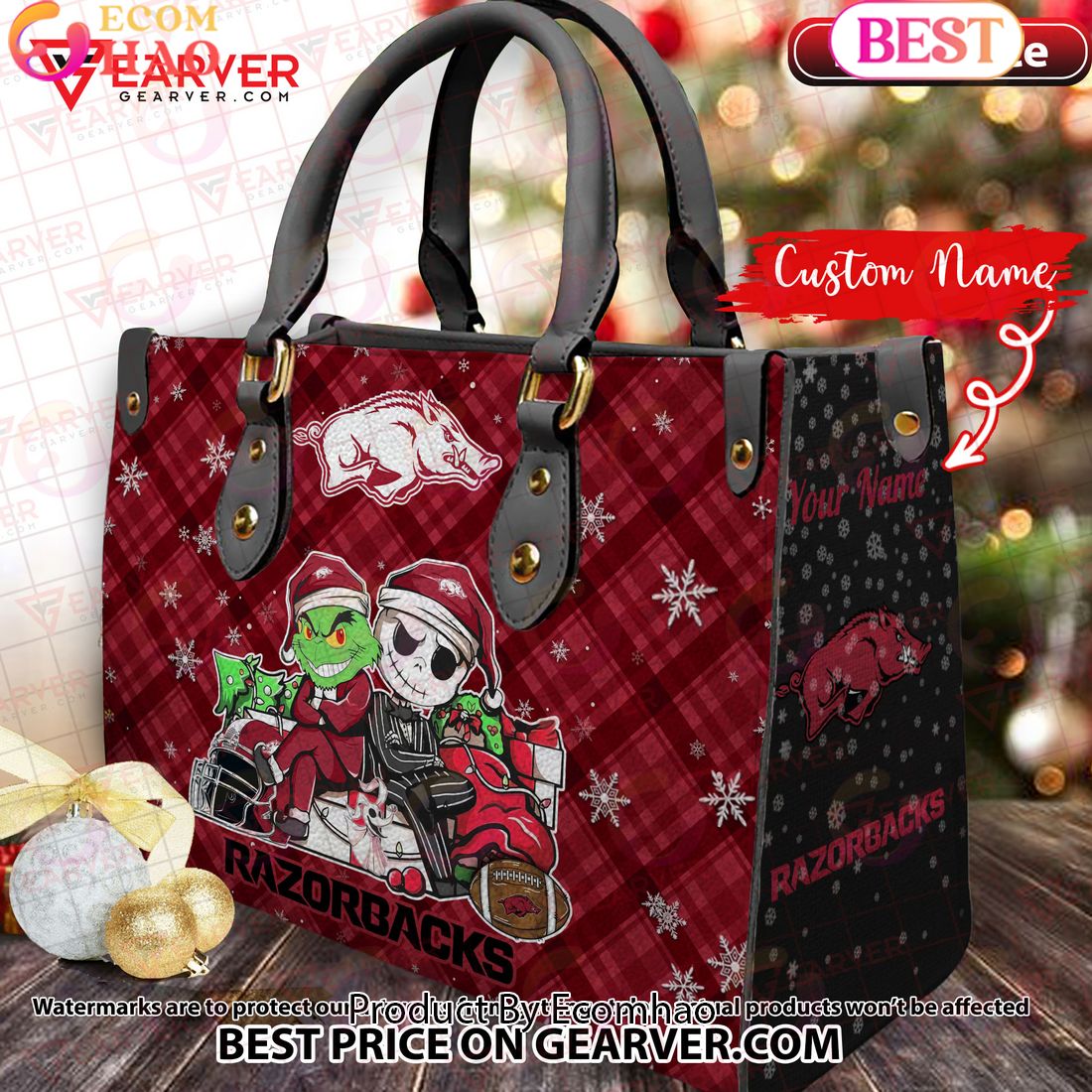 NCAA Arkansas Razorbacks Grinch And Jack Skellington Christmas Women Leather Hand Bag