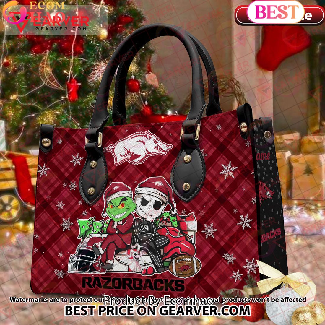 NCAA Arkansas Razorbacks Grinch And Jack Skellington Christmas Women Leather Hand Bag