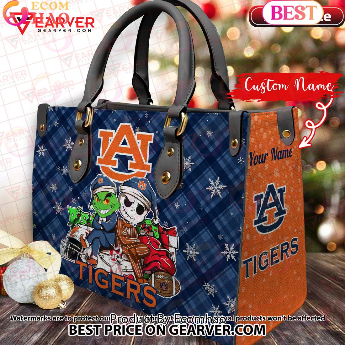 NCAA Auburn Tigers Grinch And Jack Skellington Christmas Women Leather Hand Bag