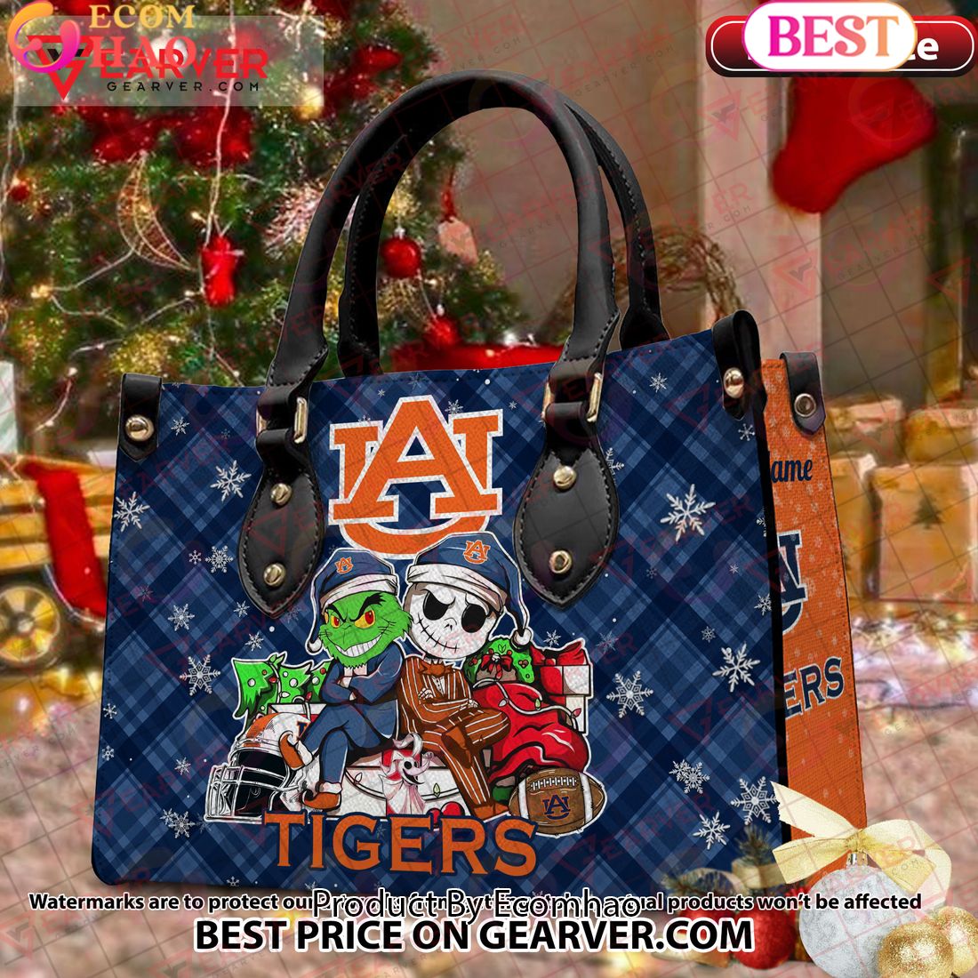 NCAA Auburn Tigers Grinch And Jack Skellington Christmas Women Leather Hand Bag