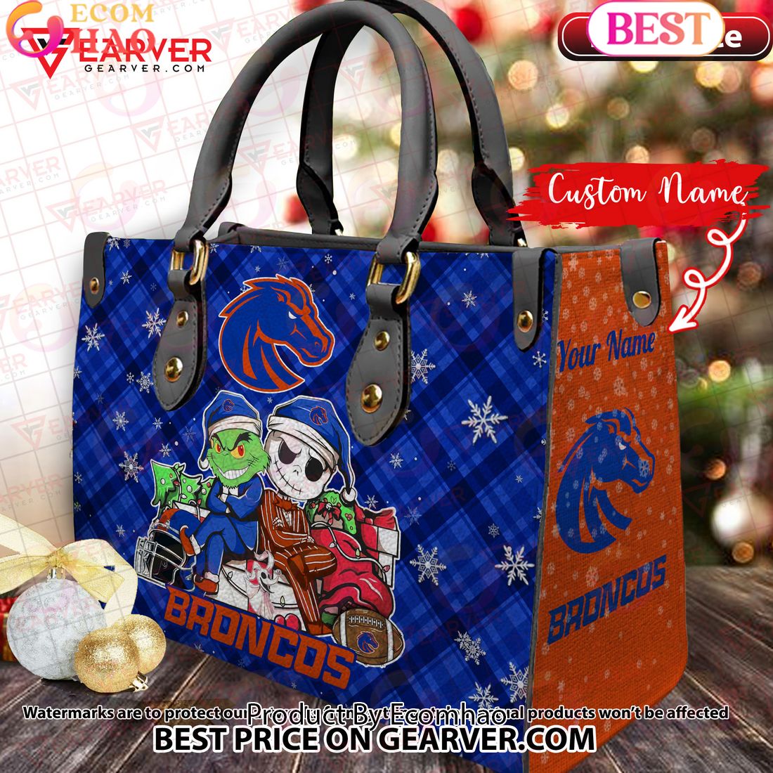 NCAA Boise State Broncos Grinch And Jack Skellington Christmas Women Leather Hand Bag